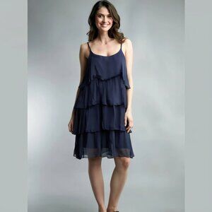 Tempo Paris Black Tiered Ruffle Crinkle Gauze Dress Medium NWT Lagenlook Midi